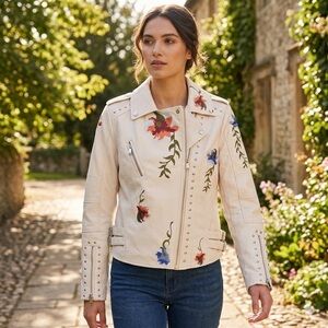 Embroidered Floral White Faux Leather Moto Jacket Studded Biker Coat Small BoHo
